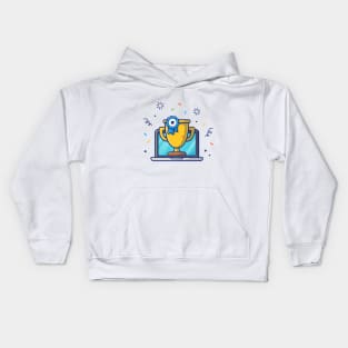 Gold trophy badge with laptop cartoon Kids Hoodie